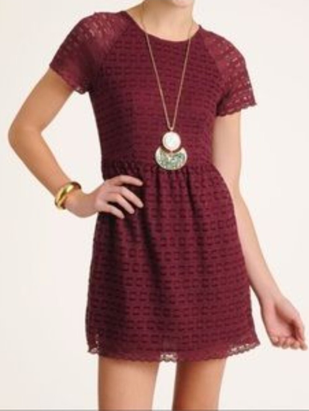 Free People Burgundy Lace Short Sleeve Fit-and-Flare Mini Dress Size 6
